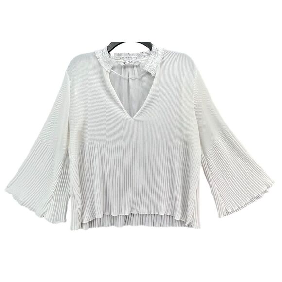 Zara Blouse Womens S White Pleated 3/4 Bell Sleeve Fringe V Neck Semi Sheer Top - Picture 1 of 13